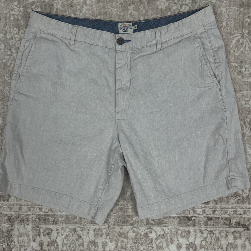 Faherty Men's Chino Shorts Linen Blend Khaki 35 Preppy‎ Coastal Beach Casual